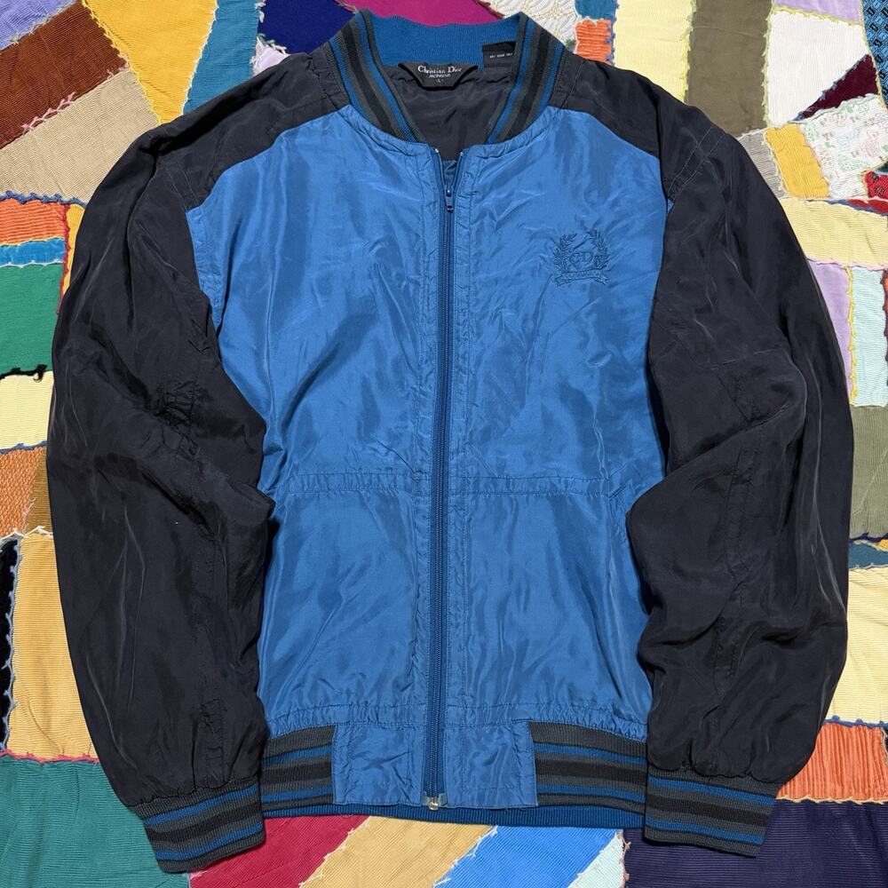 Vintage 90s Christian Dior Black/Blue 100% Silk Full Zip Varsity Jacket Large